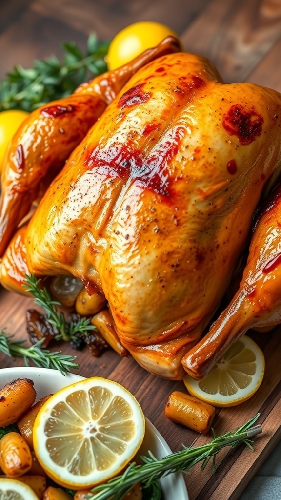 Golden brown roasted chicken with herbs and lemon on a wooden cutting board, served with roasted vegetables.